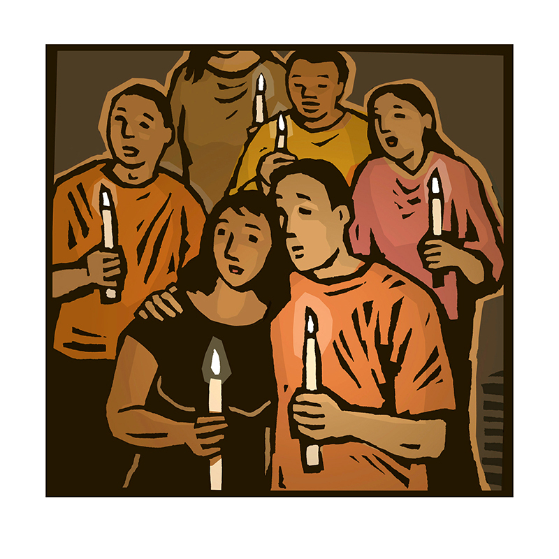 Drawing of people at candlelit vigil