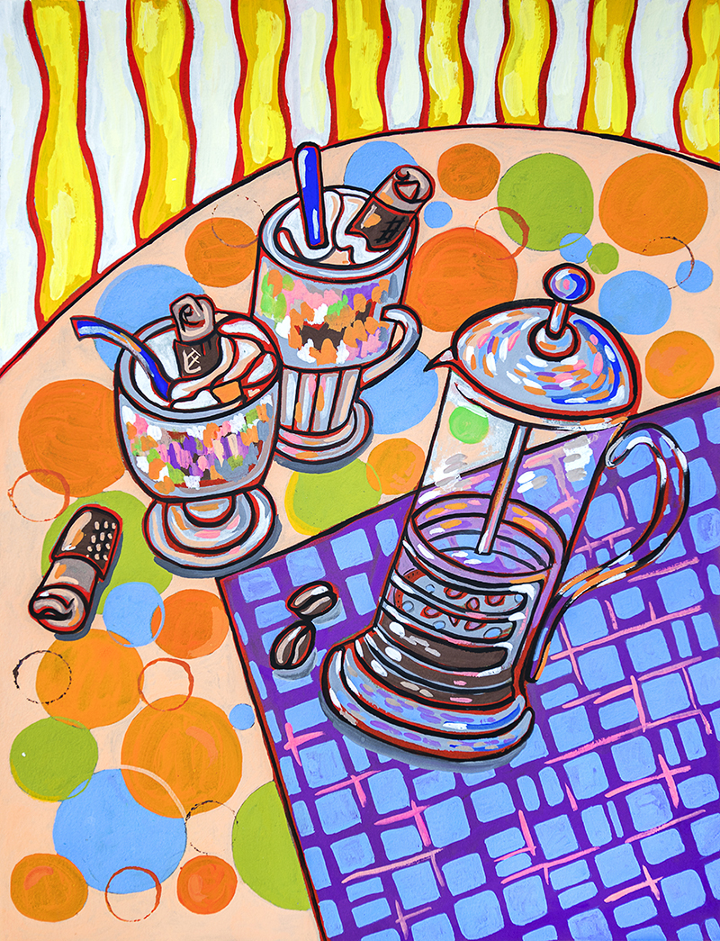 Gouache cafetiere and coffee glasses