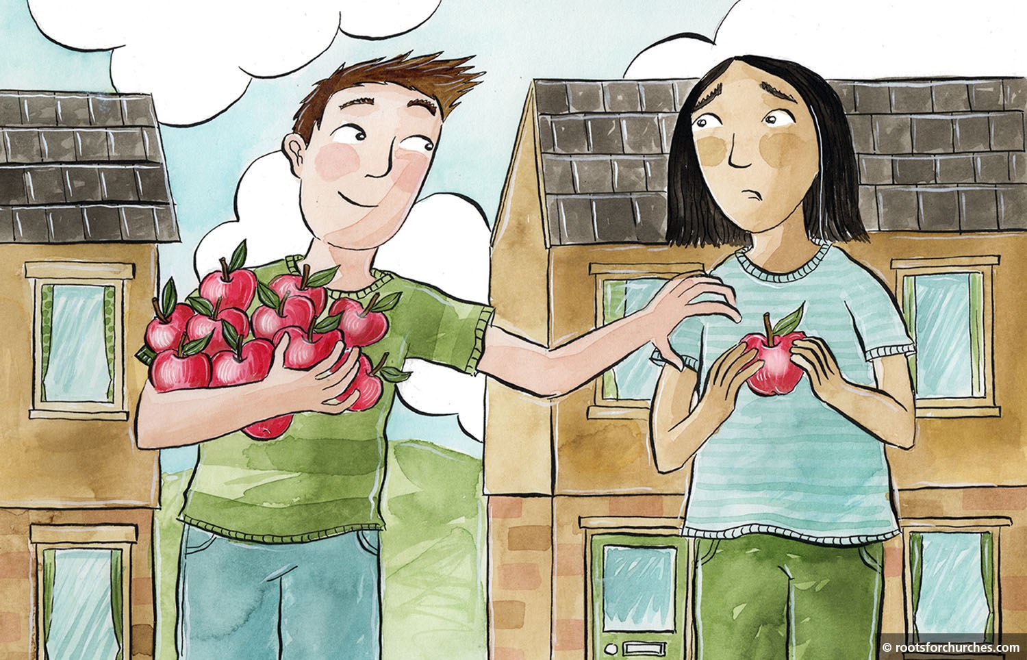 Greedy man stealing apple from woman