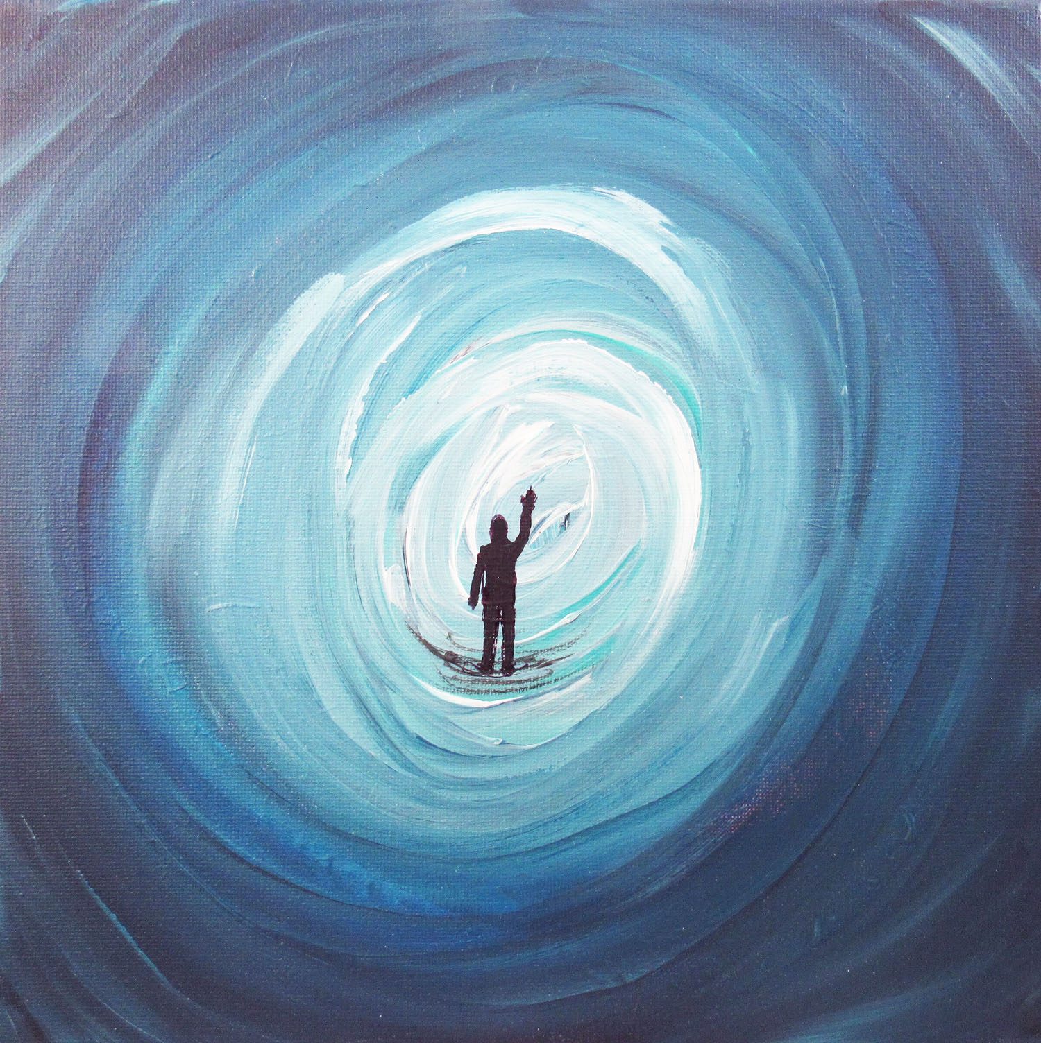 Person in blue swirl tunnel