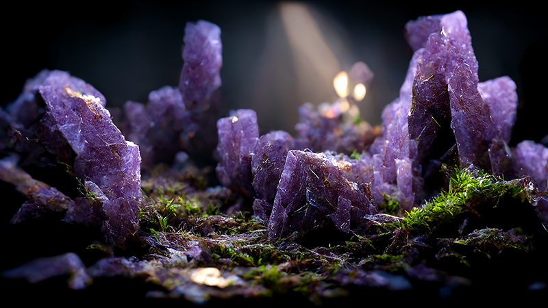 Purple crystals in dark cave