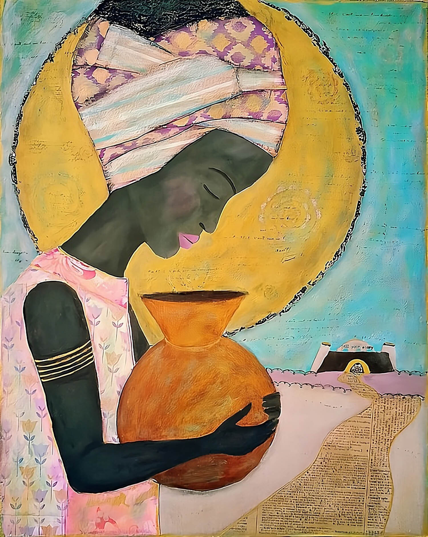 Samaritan woman mixed media on wood
